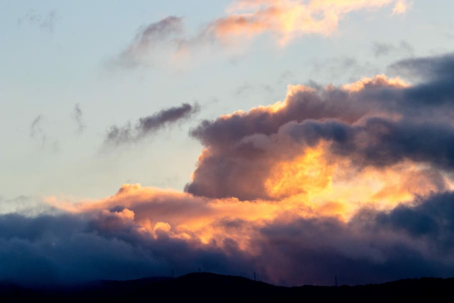 Smoke & fire, cloudy sky at daytime, sunset, orange, golden hour HD wallpaper