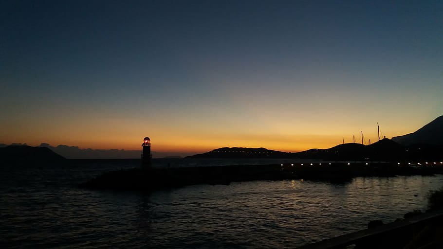 browse, lighthouse, sunset, landscape, coastal, port, sky, water HD wallpaper