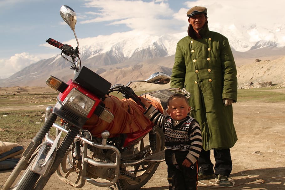 motorcycle, man, boy, child, mountain, snowcap, rural, china HD wallpaper