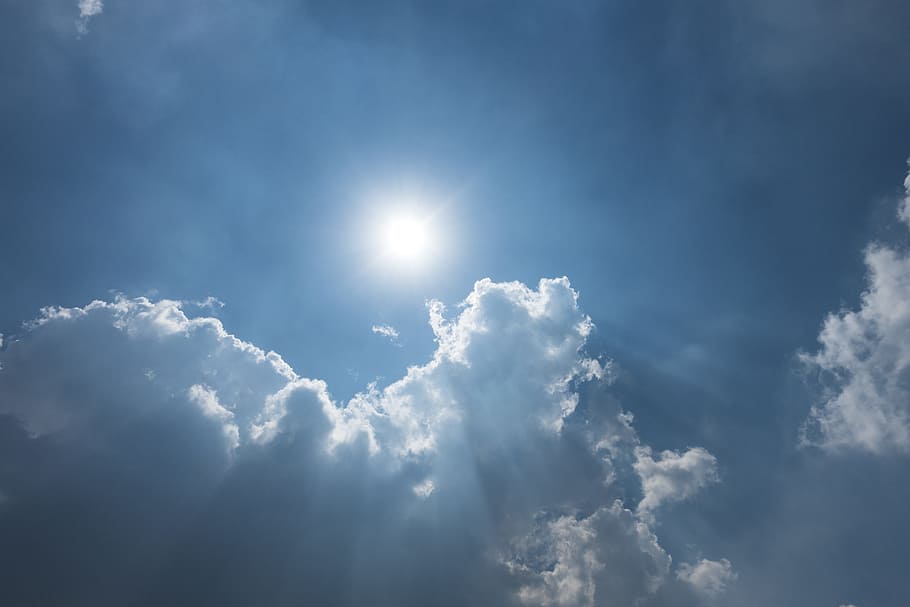 cloud during daytime, sun, light, blue sky and white clouds HD wallpaper