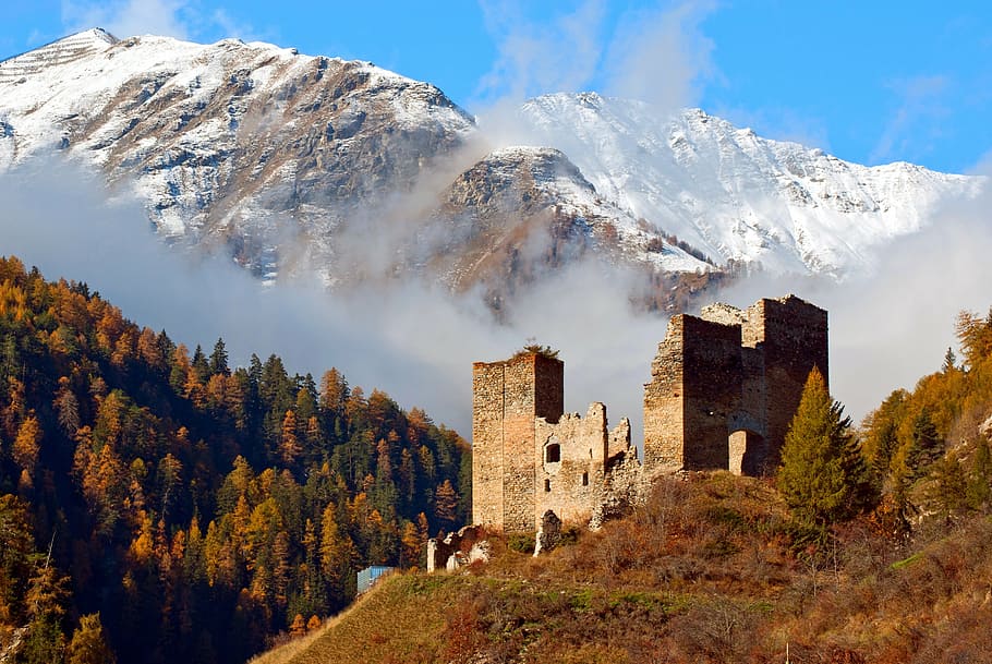 beige concrete ruins surrounded with tall trees near snow capped mountain at daytime HD wallpaper