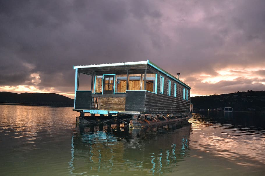Houseboat, Reflections, Sun, setting, water, travel, floating HD wallpaper