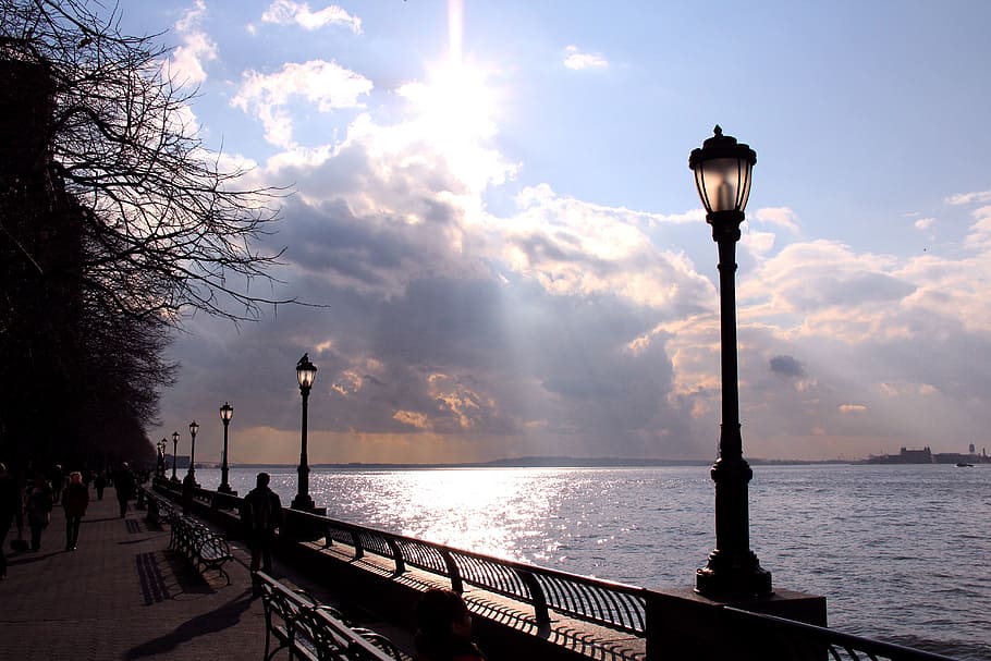 Sun, Water, Sea, River, Beach, Promenade, lantern, sky, clouds HD wallpaper