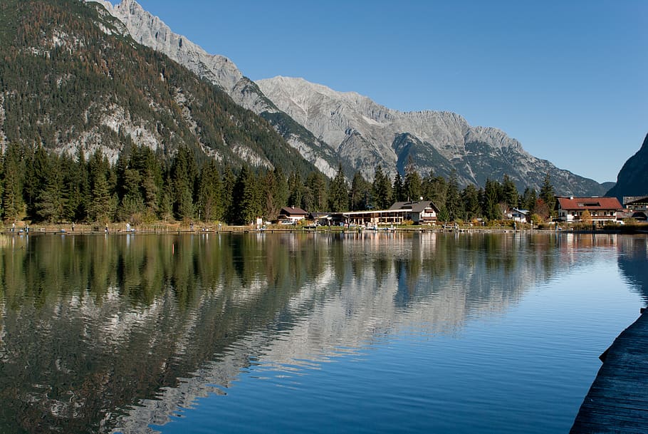 austria, mountains, sky, clouds, lake, water, houses, homes HD wallpaper