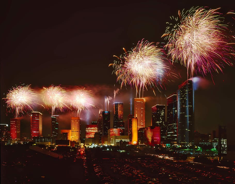 2048x768px free download HD wallpaper Fireworks above the skyline