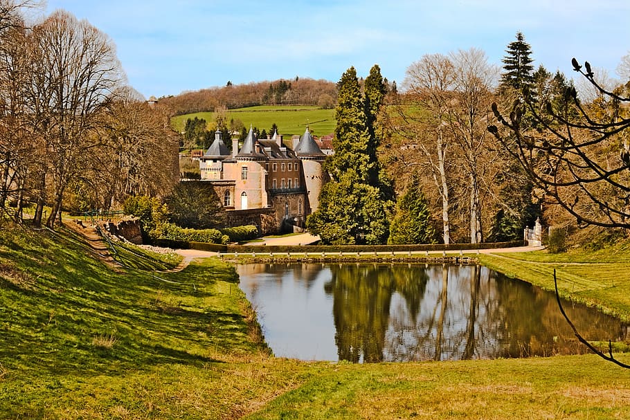 castle, chatelux, yonne, park, monument, water plan, trees HD wallpaper