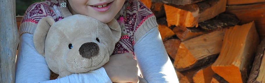 Child, Teddy Bear, Soft Toy, one Person, people, outdoors, wood - Material HD wallpaper