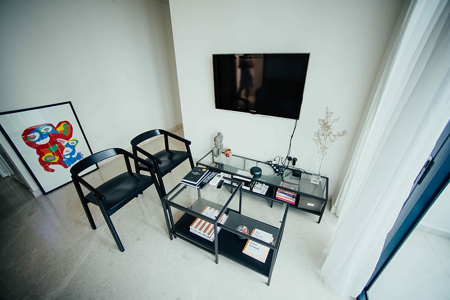 turned off flat screen television, black dining set inside room HD wallpaper
