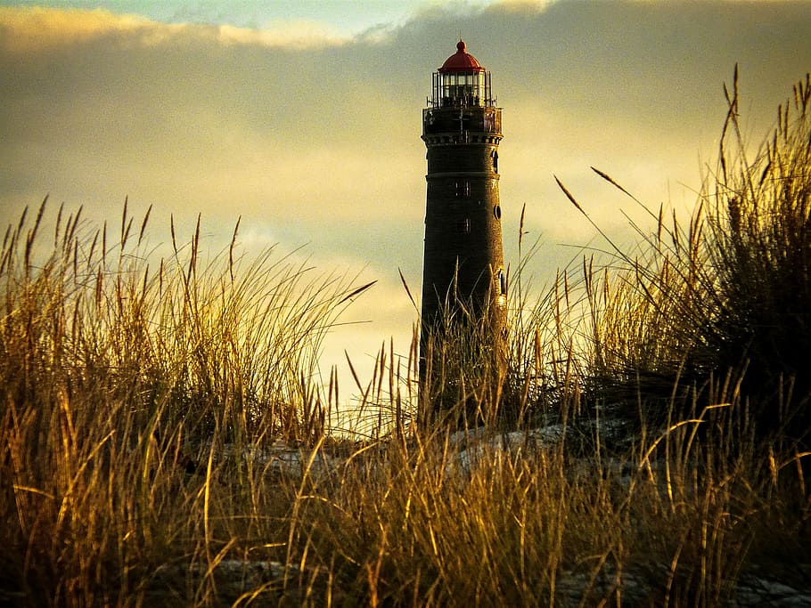 silhouette photo of lighthouse, grass, sea, summer, atmospheric HD wallpaper