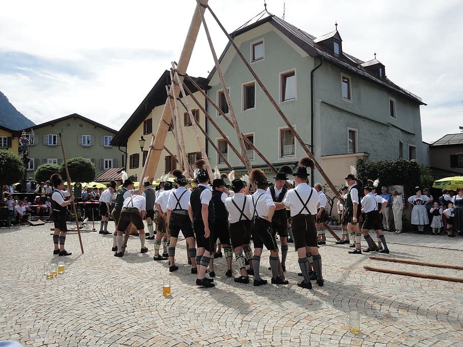 maypole, customs, bavarian traditions, berchtesgaden, setting up, HD wallpaper