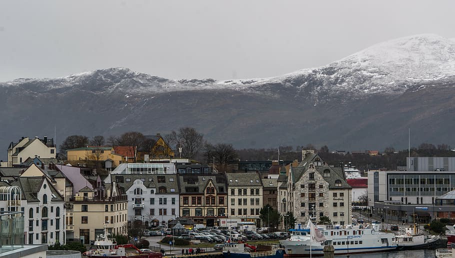 norway coast, alesund, mountains, architecture, scandinavia, HD wallpaper