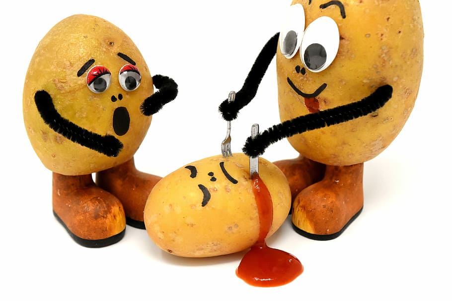 three potatoes with decors, cannibals, funny, knife, fork, eat, HD wallpaper