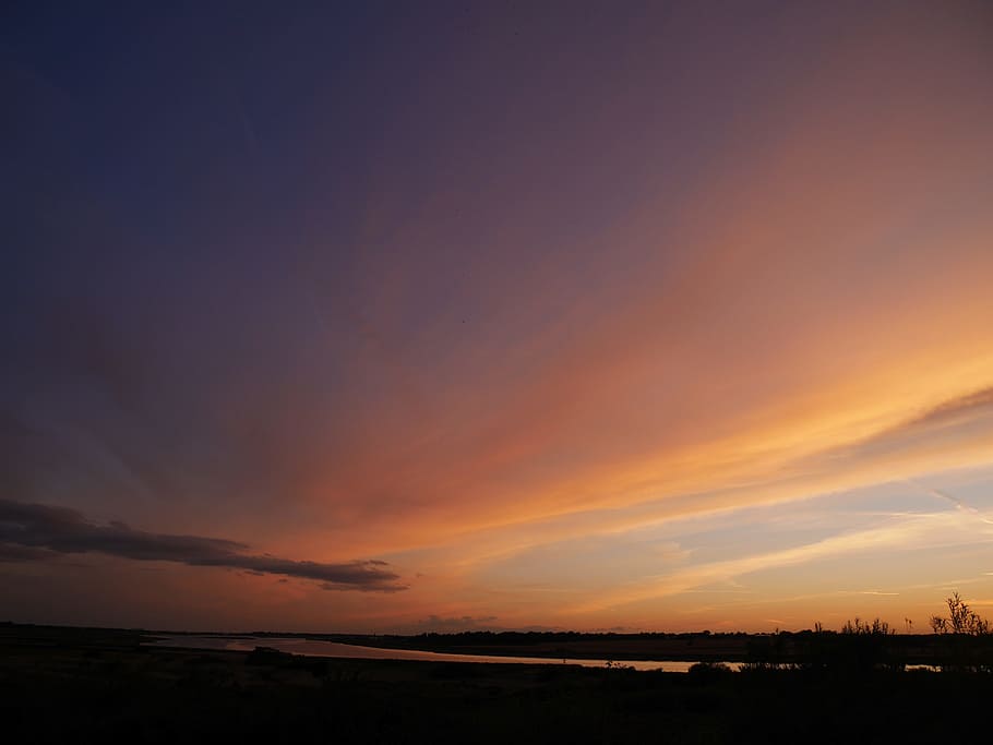 landscape, sky, sunset, summer, orange, blue, nature, natural HD wallpaper