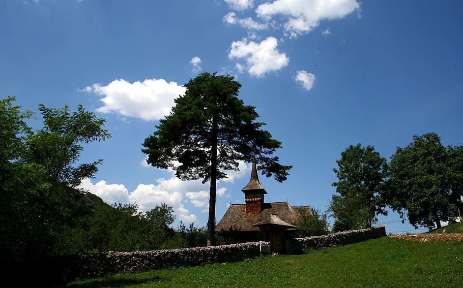 church, old, tree, rural, religion, architecture, sky, blue HD wallpaper