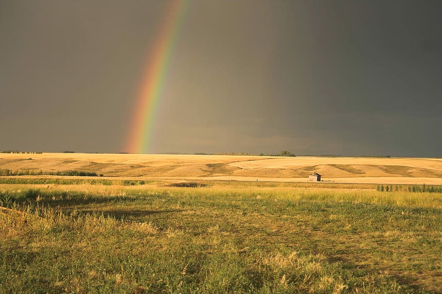 Rainbow, Prairie, Weather, sky, storm, rural, cloud, scenery, HD wallpaper