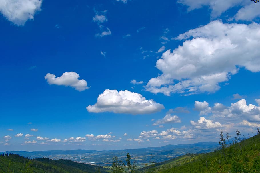 landscape, sky, clouds, mountains, nature, forest, green, colors HD wallpaper