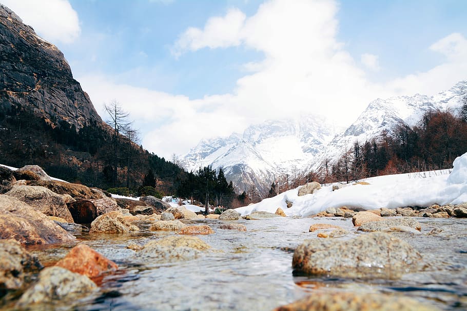 river in between snow-covered lands, rock of formation, creek, HD wallpaper