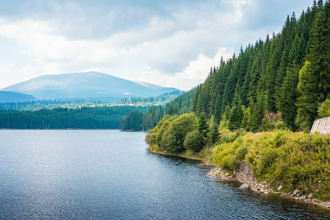 Lake Shore and Forests Scenery in Romania, clouds, cloudy, coast HD wallpaper