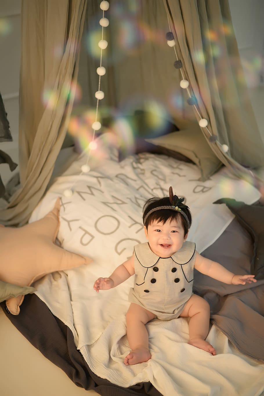baby sitting on white bed sheet, childhood, real people, one person HD wallpaper