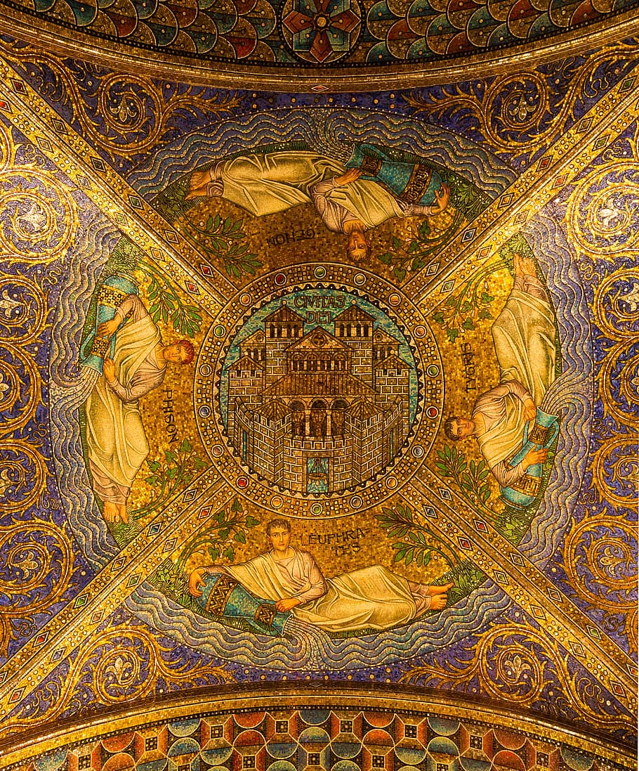 beige and purple artwork, Mosaic, Ceiling, Neo Byzantine, Historic