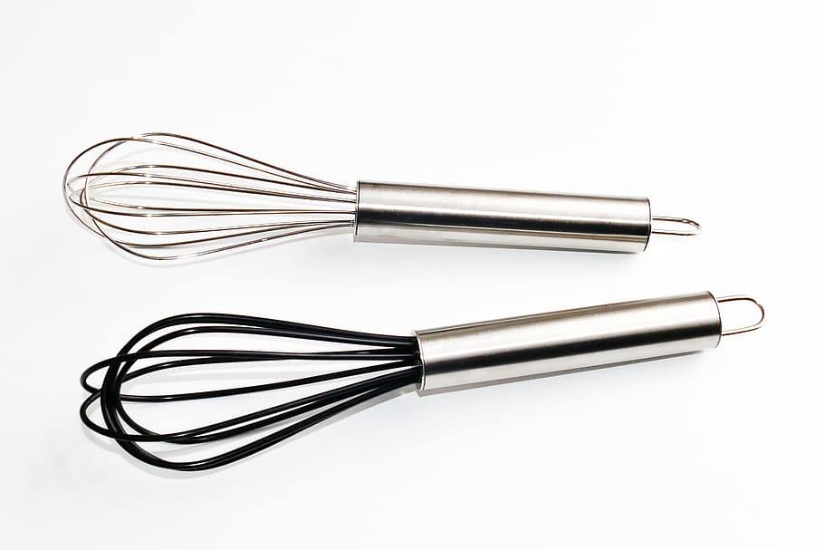 two staineless steel hand whisk mixers, utensils, kitchen, food, HD wallpaper
