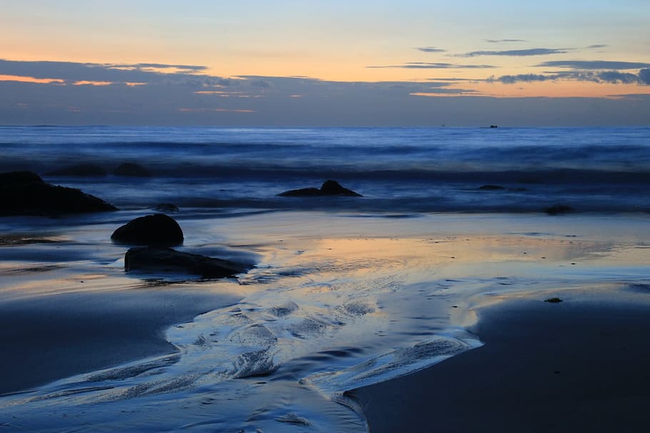 long exposure, ocean, coast, beach, dusk, evening sun, water HD wallpaper