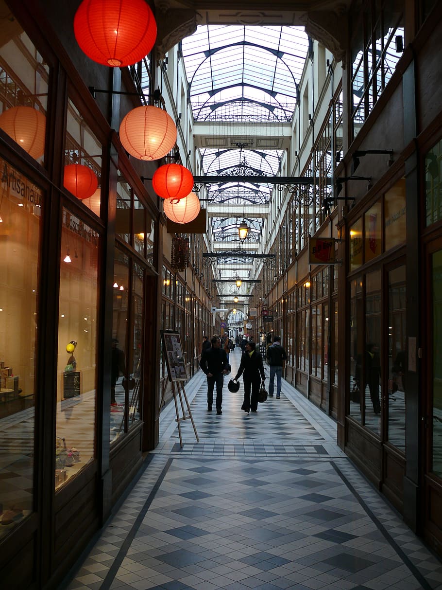 trade, paris, gallery, light, evening, architecture, light and shade HD wallpaper