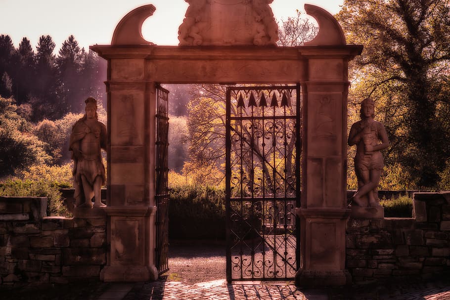 gray concrete arch gate under sunny sky, goal, portal, input HD wallpaper