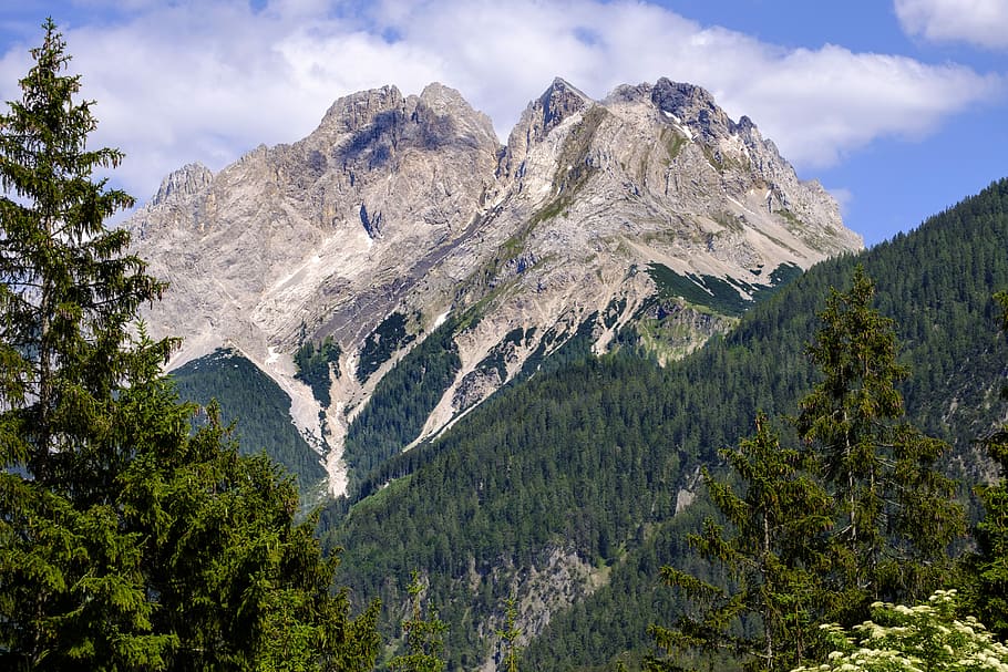 green leaf trees near brown rock formations under white clouds at daytime HD wallpaper