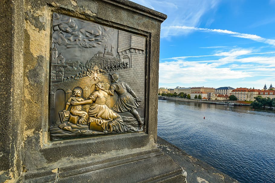 prague, statue, river, monument, sky, sculpture, stone, landmark HD wallpaper
