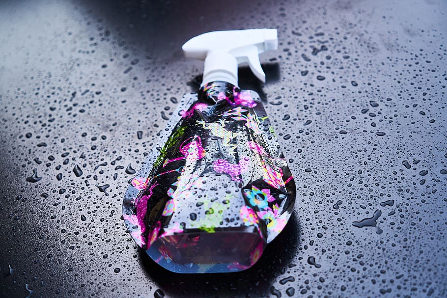 spray, bottle, wet, drop, reflection, macro, detail, product, HD wallpaper