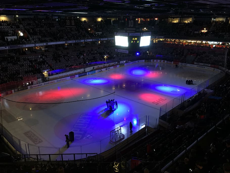 high-angle view of ice hockey stadium, lhc, saab arena, shl, illuminated