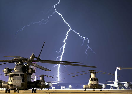 black helicopters near body of water during lightning, strike HD wallpaper