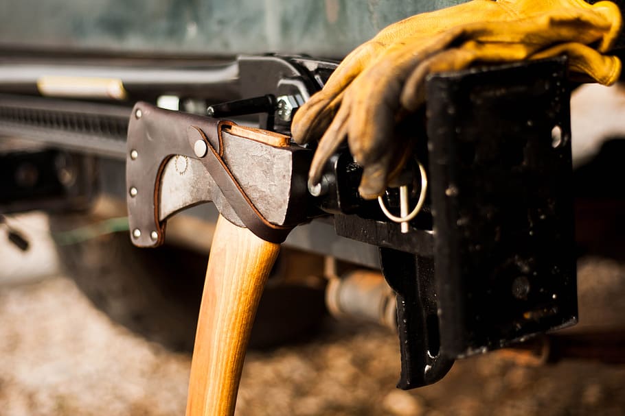 beige and gray axe near pair of yellow gloves on black metal shelf at daytime, Tools of the trade HD wallpaper