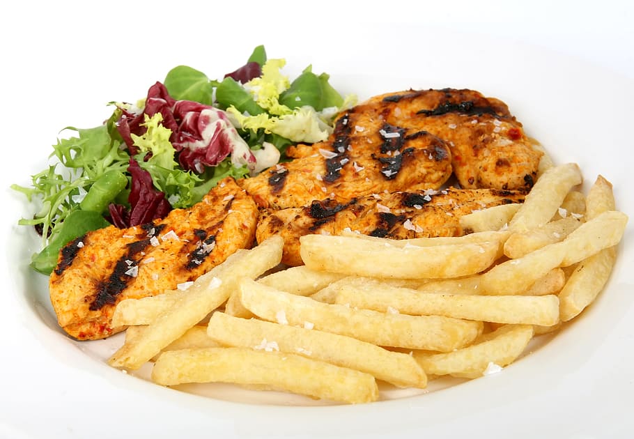 potato fries, appetite, barbecue, barbeque, bbq, catering, chicken HD wallpaper