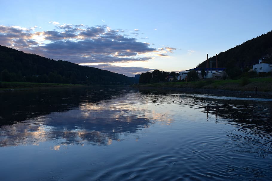 evening, elbe, twilight, mirroring, romantic, sunset, bad schandau HD wallpaper