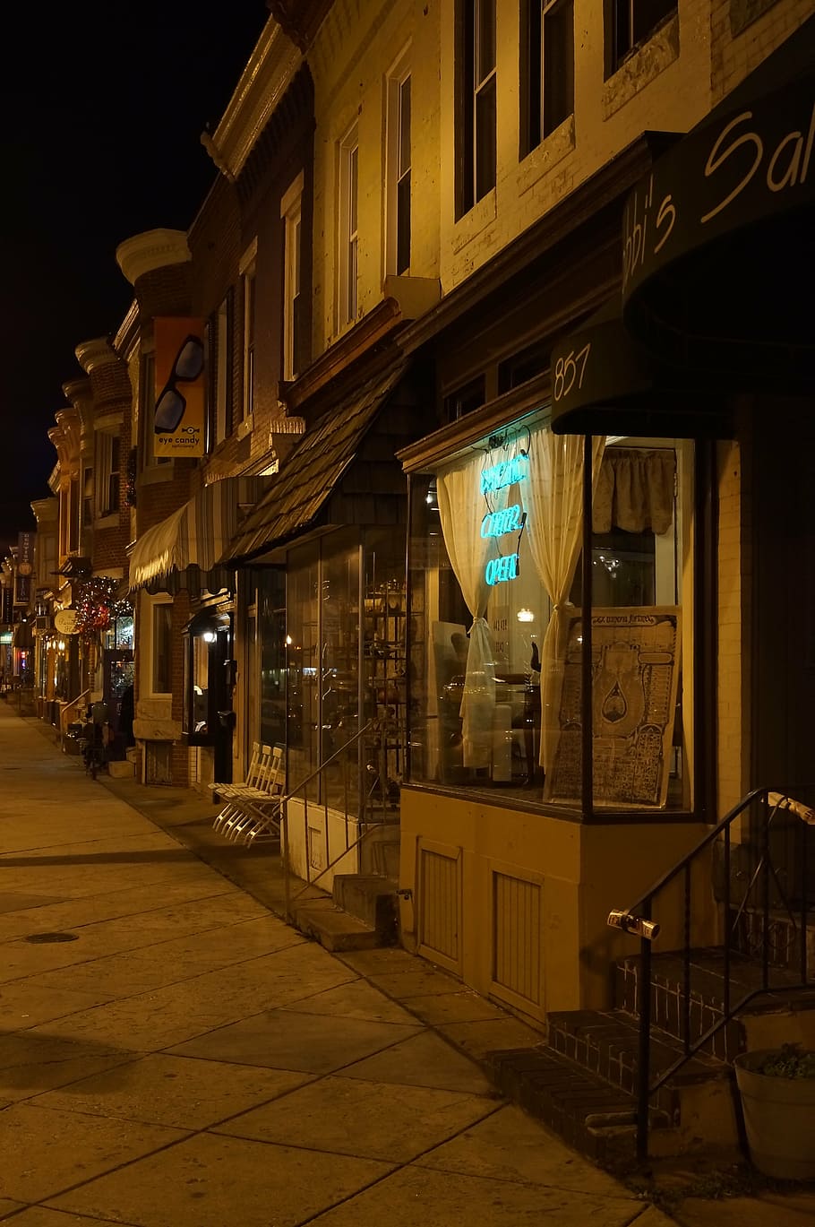 storefront, shops, night time, evening, stores, sidewalk, city HD wallpaper