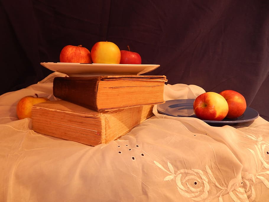 the attempt, still life, books, fruit, food, healthy eating, HD wallpaper