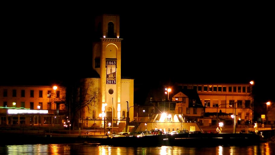 rhine, lights, shadow, evening, night, port, mirroring, river HD wallpaper
