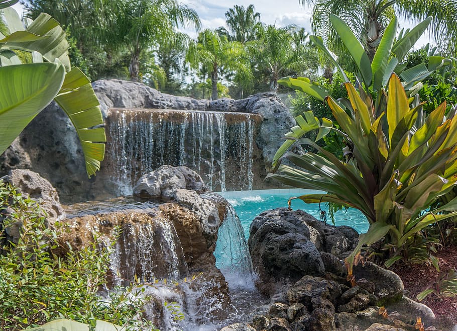 water fall, rocks, pool, resort, nature, landscape, travel HD wallpaper