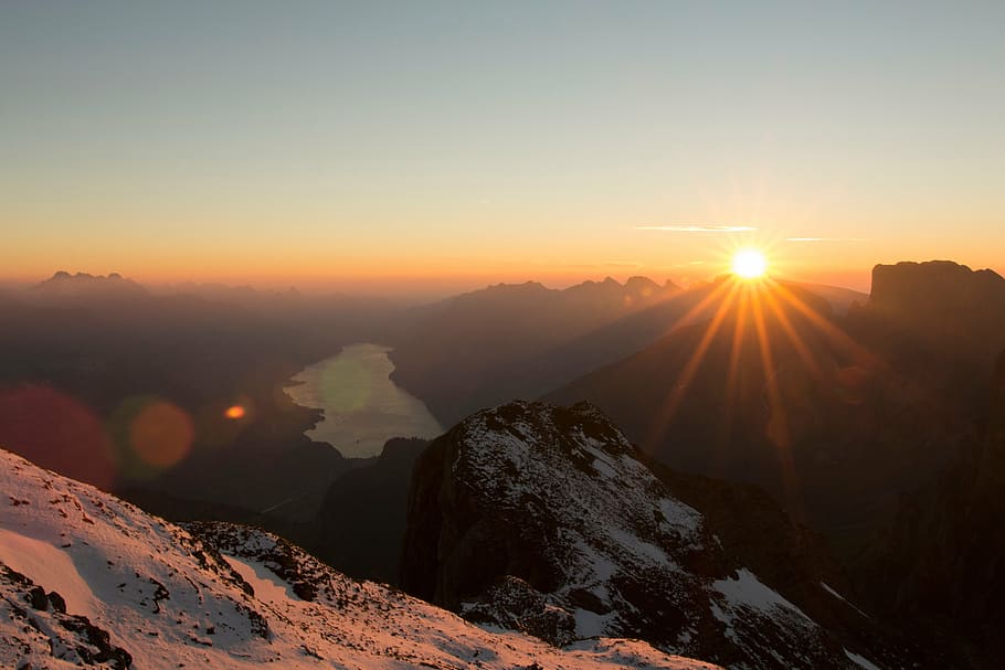silhouette photography of mountain, sunset, clouds, sky, aerial HD wallpaper