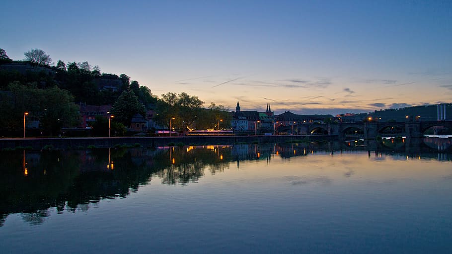 river, water, mirroring, bridge, reflections, evening sky, sunset HD wallpaper