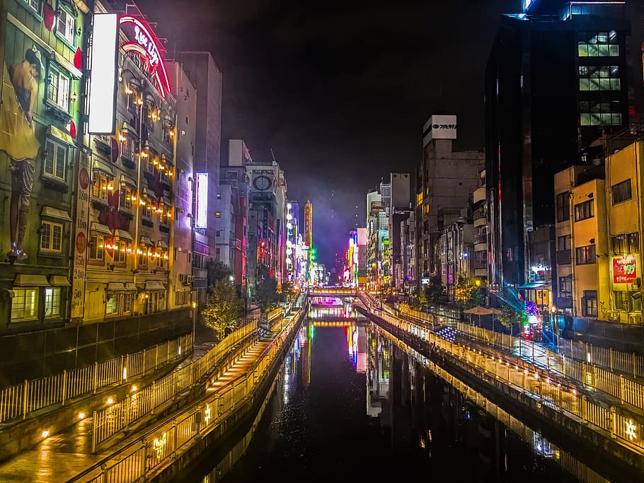 Night View, Japan, Osaka, River, building, illuminated, architecture