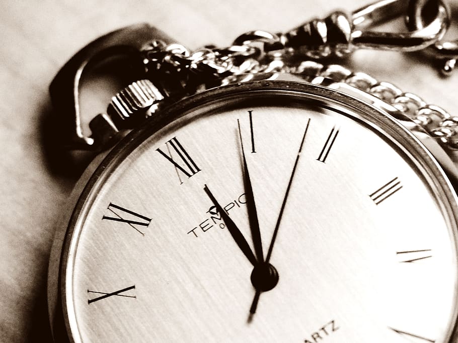 grayscale photo of a pocket watch at 12:04:04, time, clock HD wallpaper