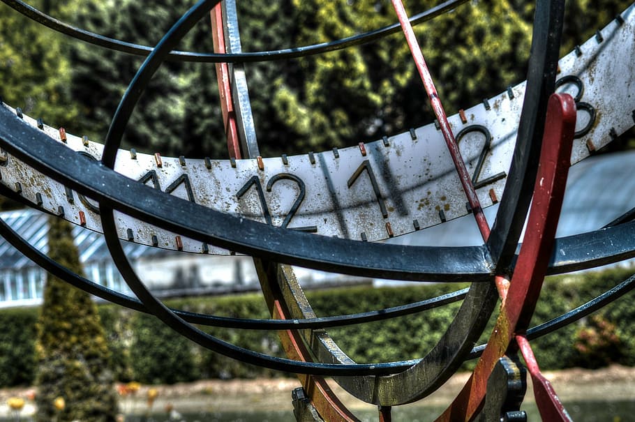 sundial, time, clock, hours, text, day, tree, metal, focus on foreground HD wallpaper