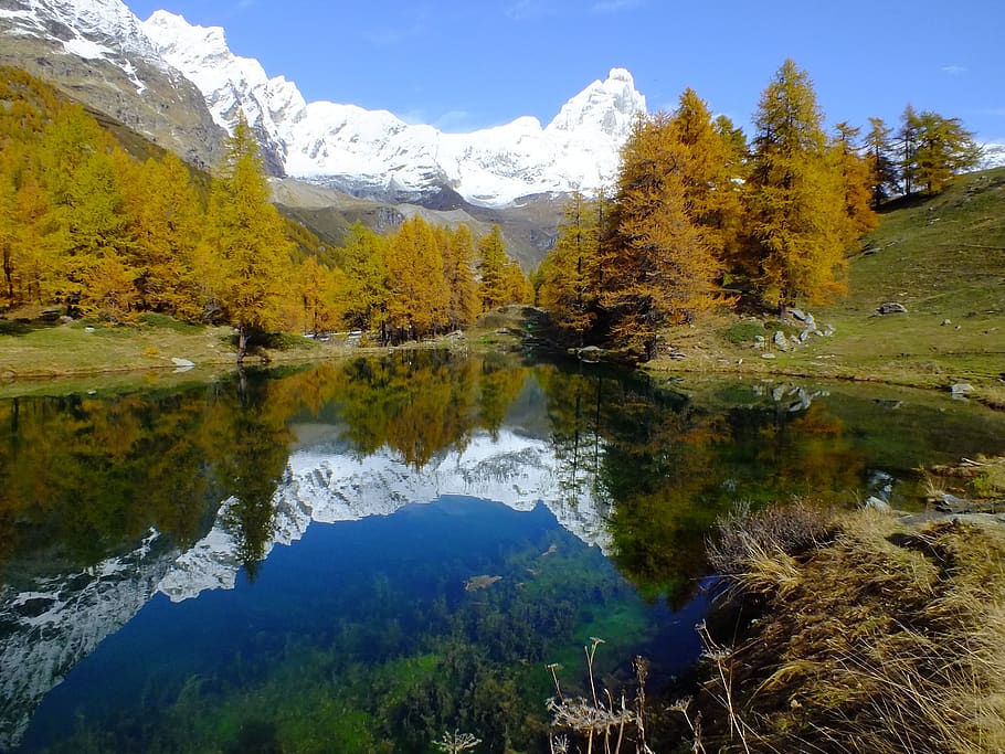 lago bleu, valle d'aosta, aosta valley, lake, mirror, reflect, HD wallpaper