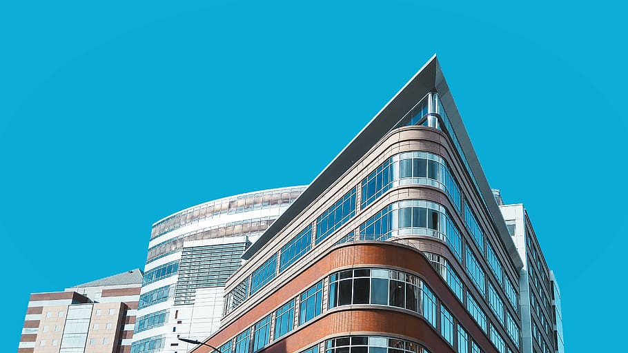 Geometry, glass curtain building, blue, sky, corner, architecture HD wallpaper