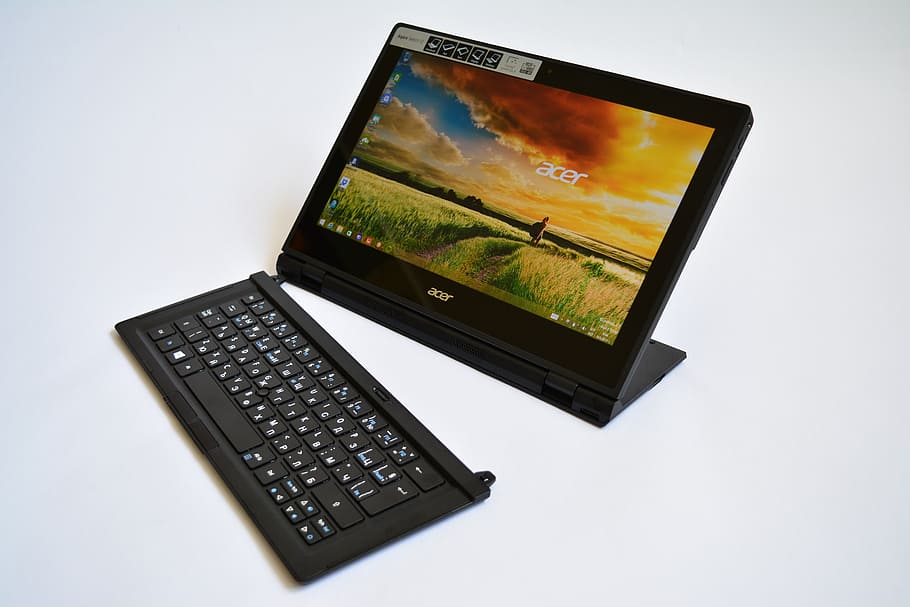 turned on black Acer laptop computer, tablet, technology, screen HD wallpaper
