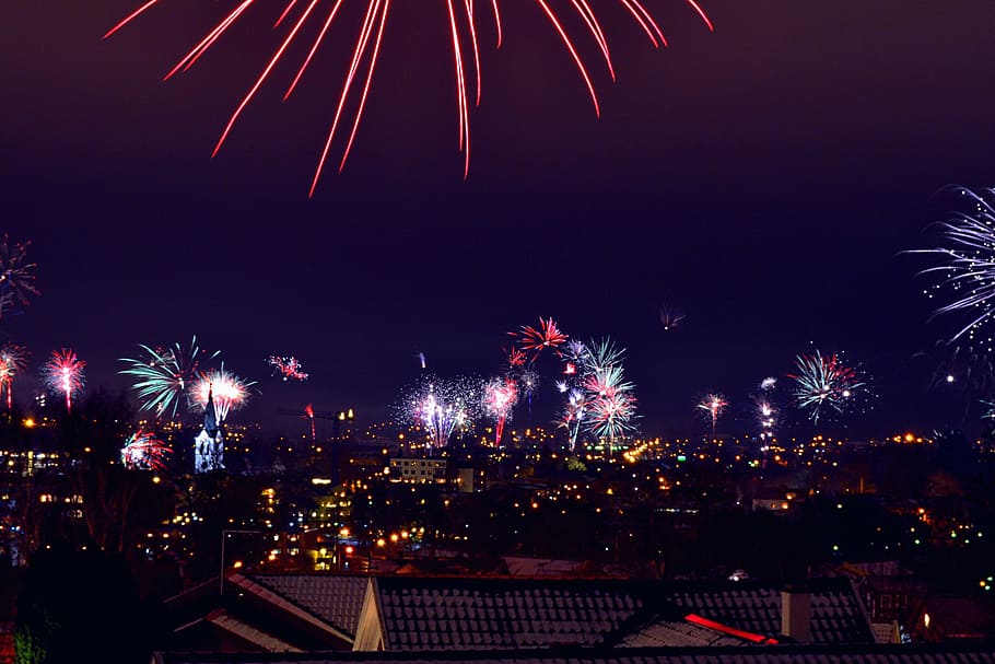 fireworks display at night, architecture, building, infrastructure HD wallpaper