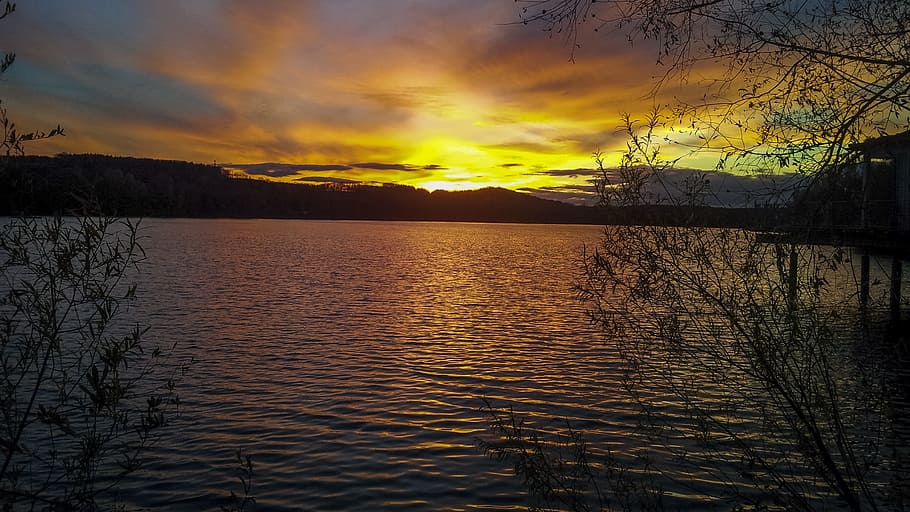 sunrise, winter, cold, bald trees, frozen, icy, skies, winter sunrise HD wallpaper